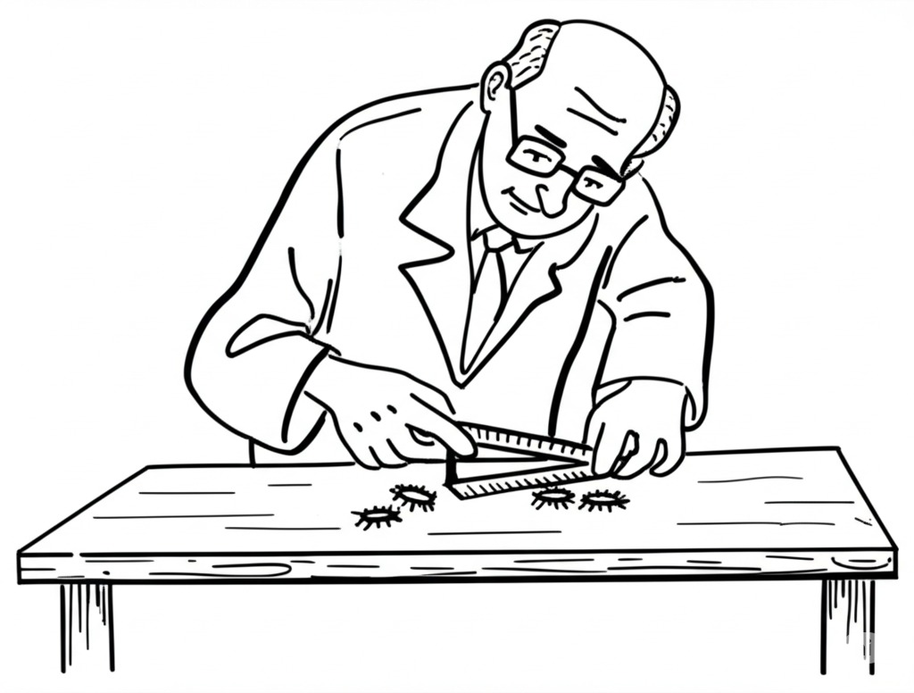 Professor holding a measuring tool over a set of small bugs arranged on a table.