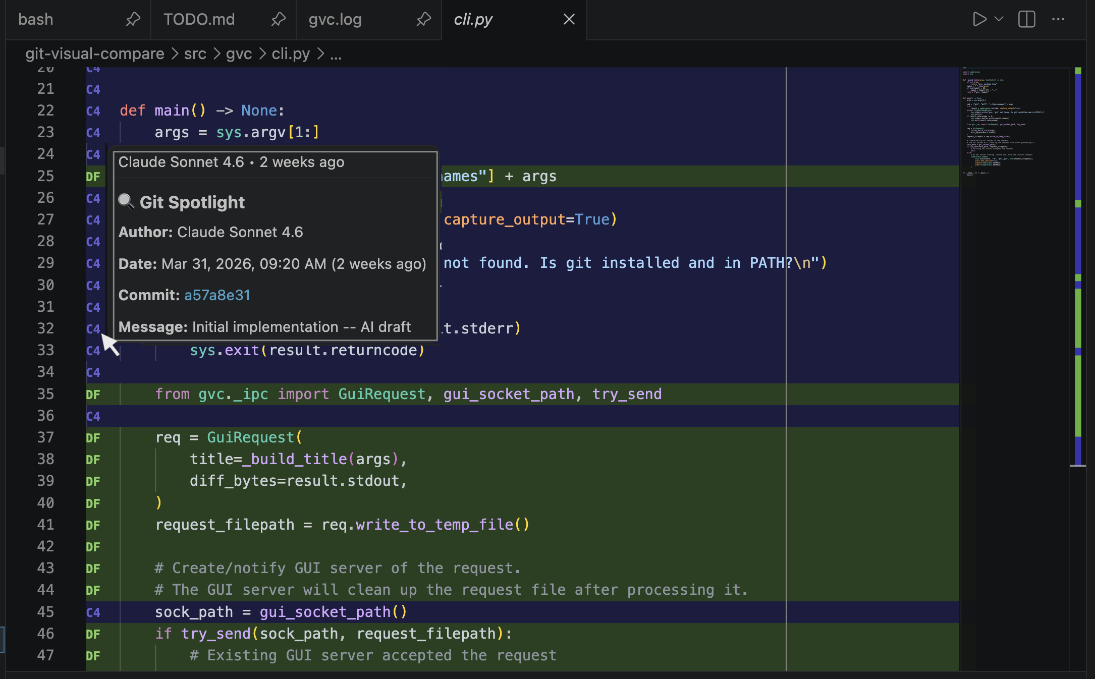 Visual 'git blame' view from the Git Spotlight VS Code extension